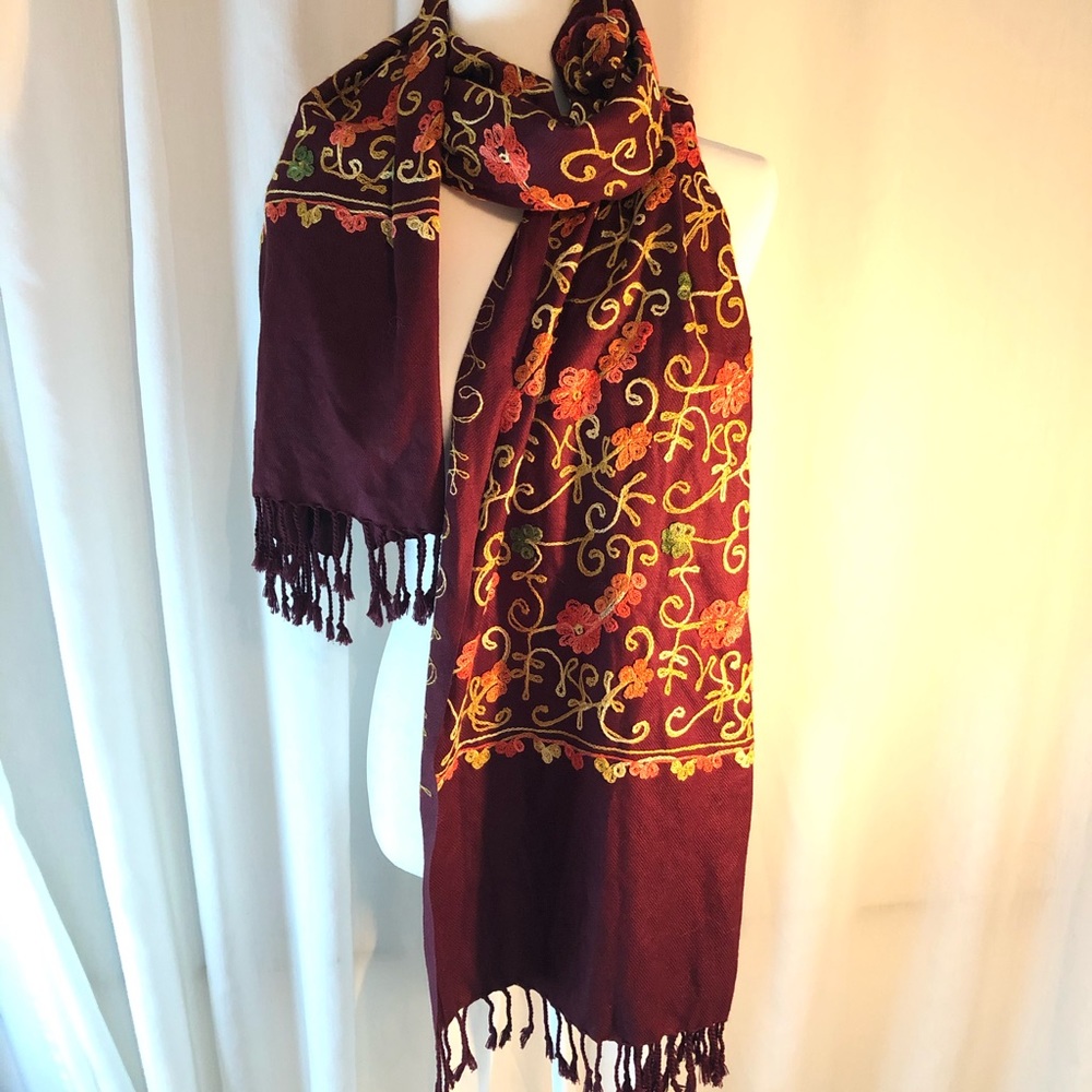 Maroon Embroidered Floral Scarf Shall
